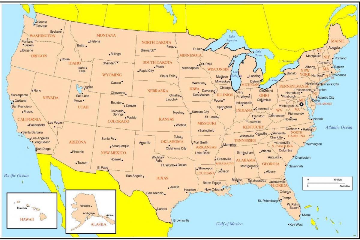 خريطة الولايات المتحدة الأمريكية مع المدن الرئيسية