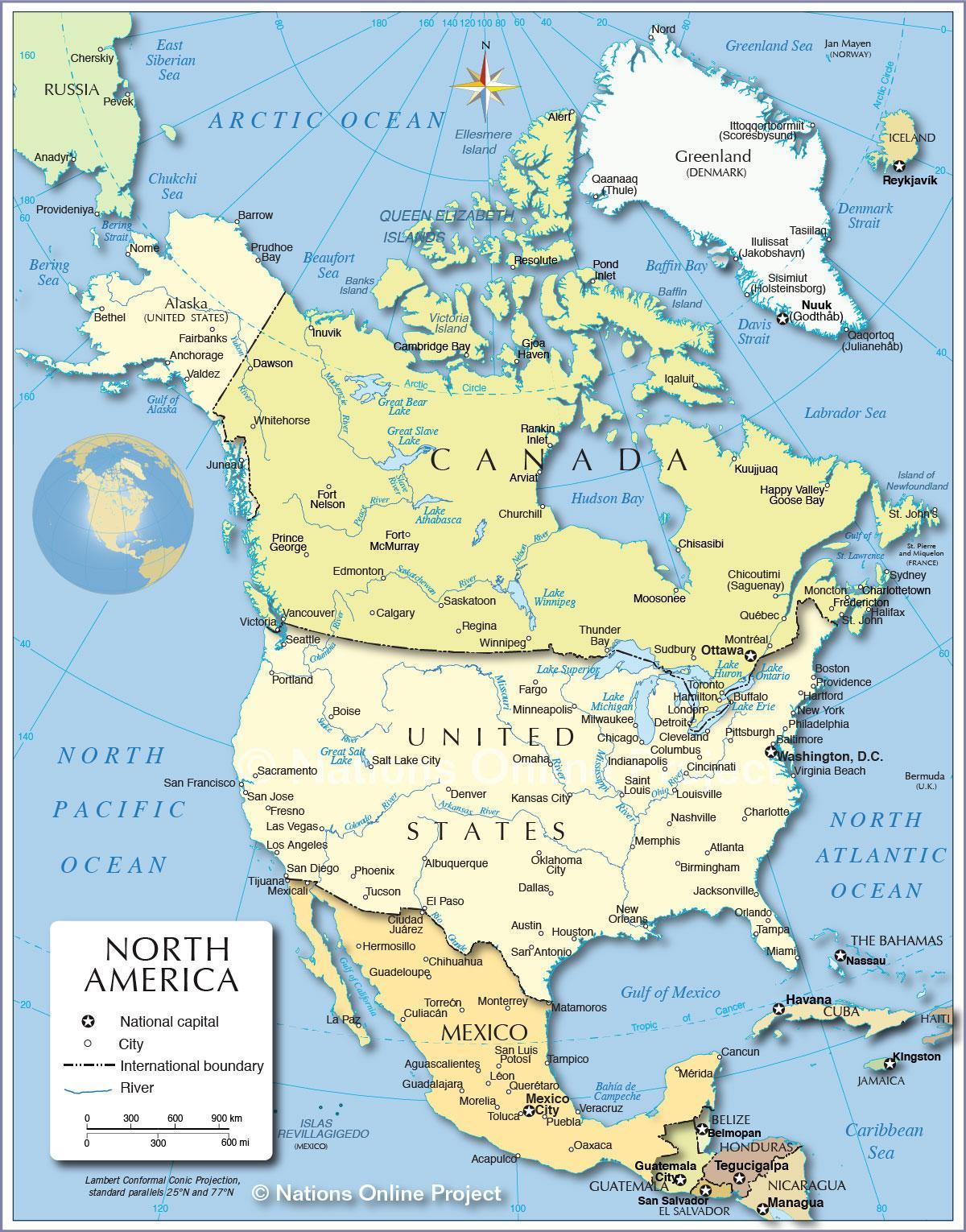 خريطة الولايات المتحدة الأمريكية والدول المجاورة
