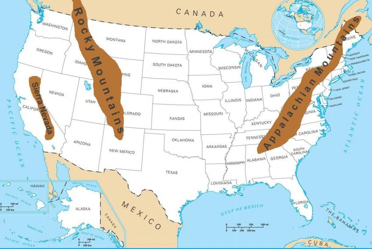 الجبال في الولايات المتحدة الأمريكية خريطة